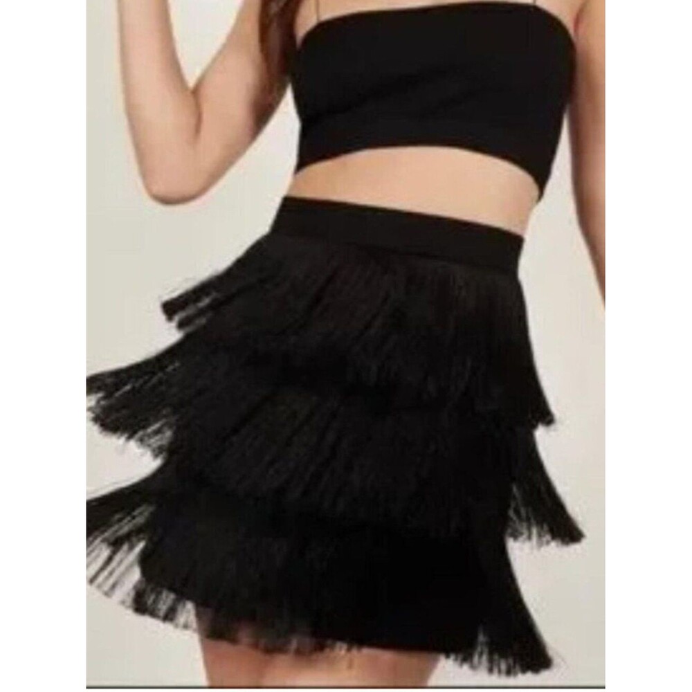 Lauren‎ Ralph Lauren Black Tiered Fringe Miniskirt Sz 8P Boho Festival Flapper